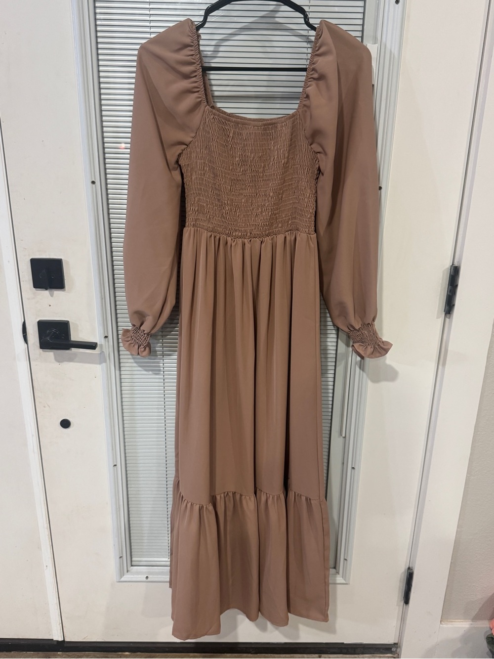 Smocked Square-Neck Maxi Dress in Taupe